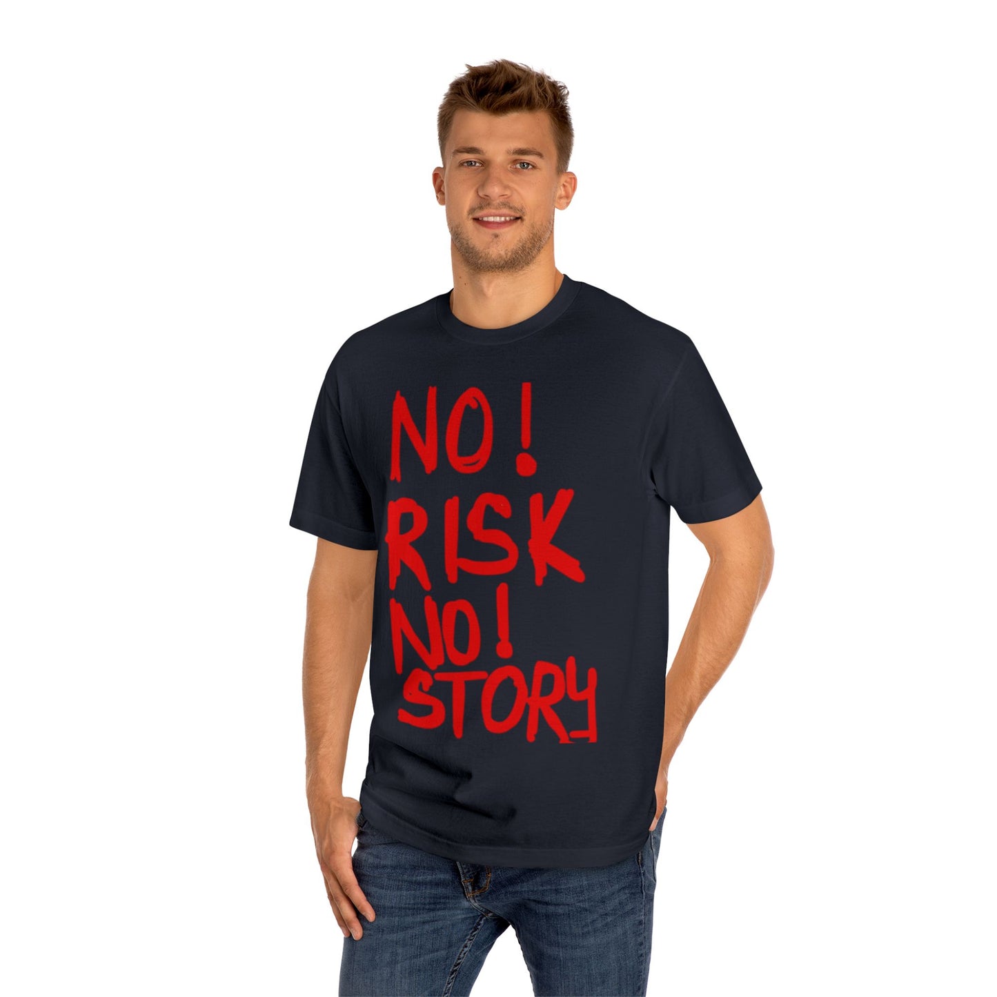 No Risk No Story T-Shirt - Bold Red Slogan Tee for Adventurers