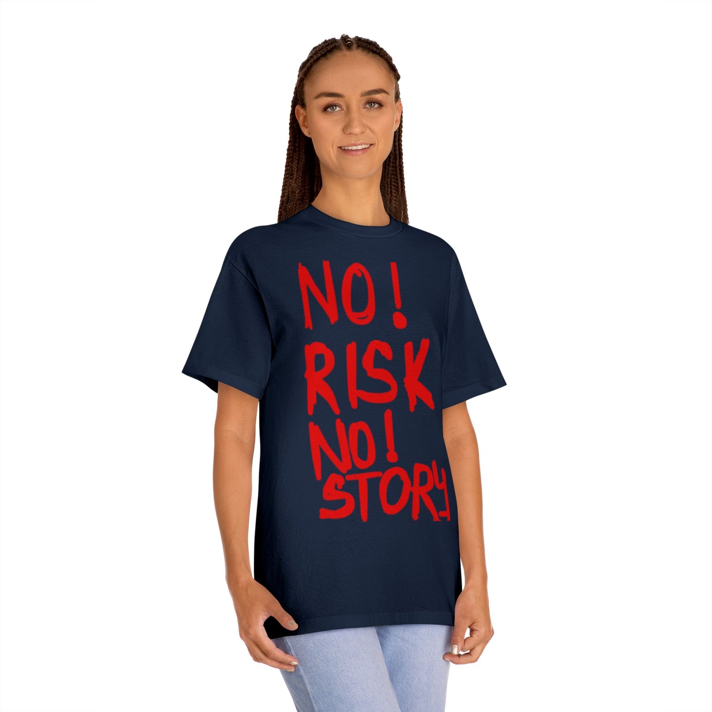 No Risk No Story T-Shirt - Bold Red Slogan Tee for Adventurers