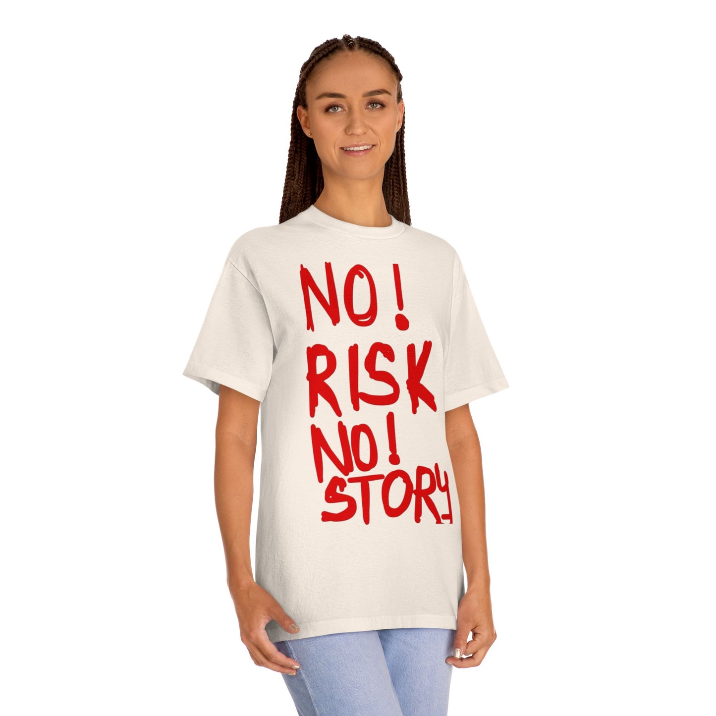 No Risk No Story T-Shirt - Bold Red Slogan Tee for Adventurers
