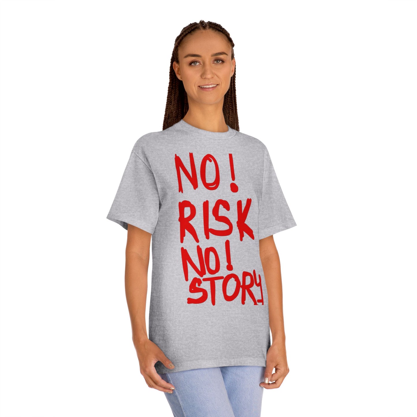 No Risk No Story T-Shirt - Bold Red Slogan Tee for Adventurers