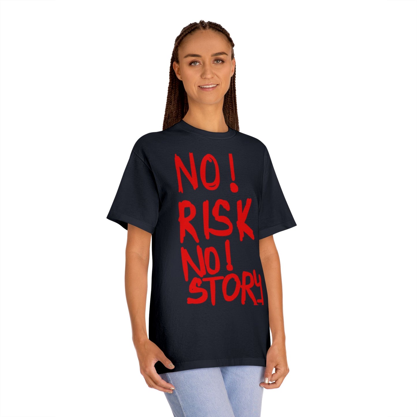 No Risk No Story T-Shirt - Bold Red Slogan Tee for Adventurers